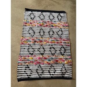 Boho Textured Accent Rug Black White Striped Colorful Pom Pom 21x34 India